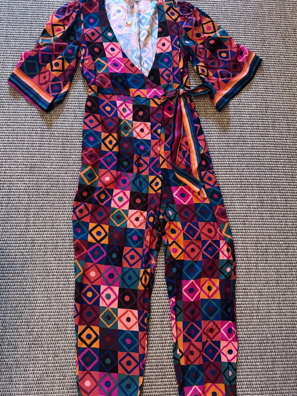 FARM Rio Multicolor Geometric Wrap Jumpsuit with Side Tie